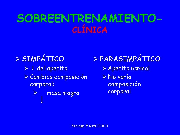 SOBREENTRENAMIENTOCLÍNICA Ø SIMPÁTICO Ø PARASIMPÁTICO Ø del apetito Ø Cambios composición corporal: Ø masa