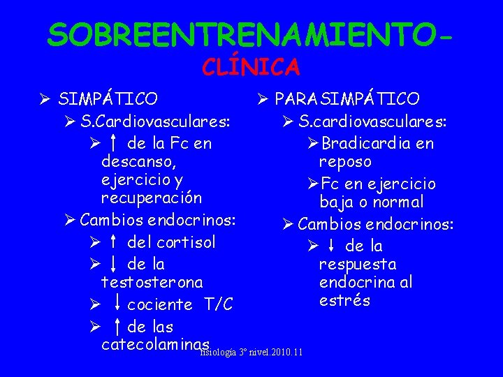 SOBREENTRENAMIENTOCLÍNICA Ø SIMPÁTICO Ø PARASIMPÁTICO Ø S. Cardiovasculares: Ø S. cardiovasculares: Ø de la