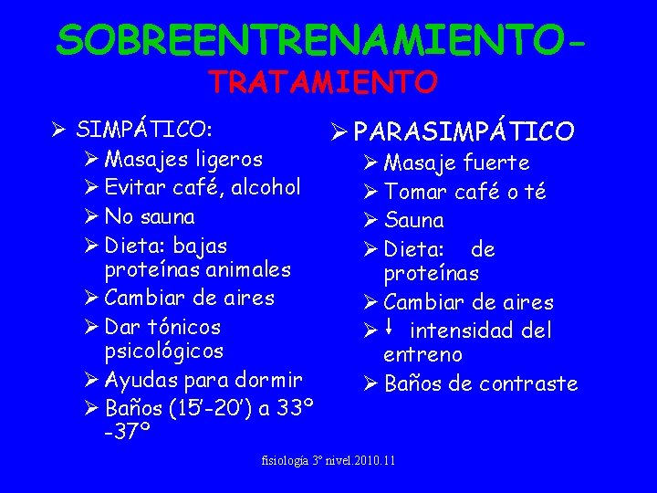 SOBREENTRENAMIENTOTRATAMIENTO Ø SIMPÁTICO: Ø PARASIMPÁTICO Ø Masajes ligeros Ø Masaje fuerte Ø Evitar café,