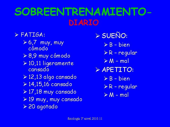 SOBREENTRENAMIENTODIARIO Ø FATIGA: Ø 6, 7 muy, muy cómodo Ø 8, 9 muy cómodo