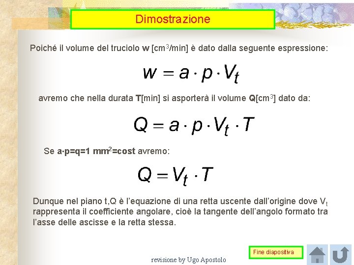 Dimostrazione Poiché il volume del truciolo w [cm 3/min] è dato dalla seguente espressione: