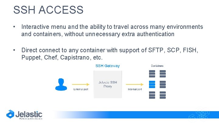 SSH ACCESS • Interactive menu and the ability to travel across many environments and