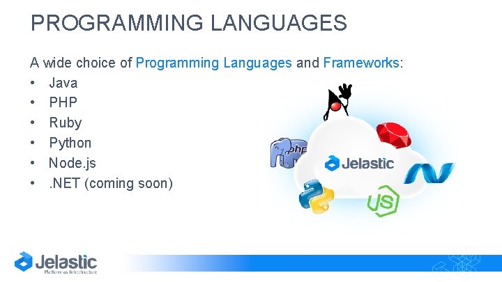 PROGRAMMING LANGUAGES A wide choice of Programming Languages and Frameworks: • Java • PHP