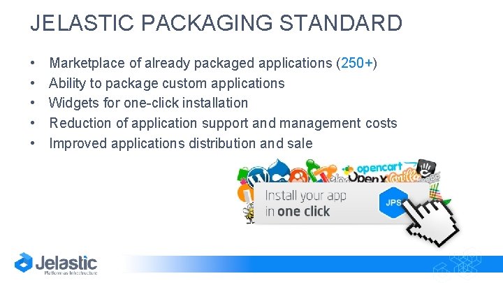 JELASTIC PACKAGING STANDARD • • • Marketplace of already packaged applications (250+) Ability to