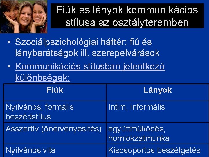 Fiúk és lányok kommunikációs stílusa az osztályteremben • Szociálpszichológiai háttér: fiú és lánybarátságok ill.