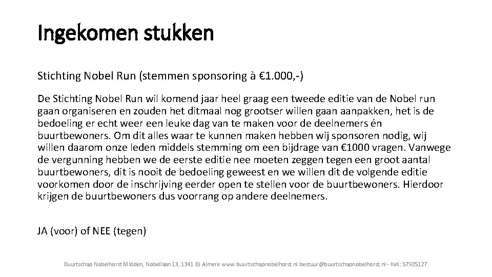 Ingekomen stukken Stichting Nobel Run (stemmen sponsoring à € 1. 000, -) De Stichting
