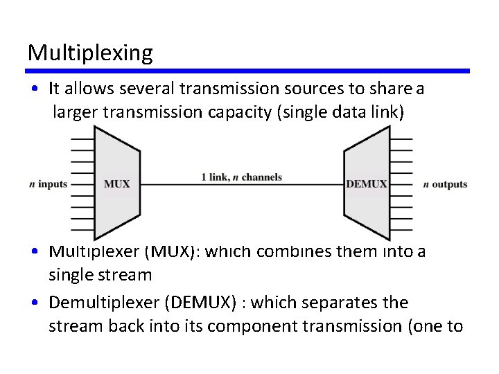 Multiplexing • It allows several transmission sources to share a larger transmission capacity (single