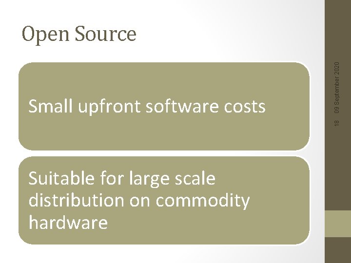 18 Small upfront software costs 09 September 2020 Open Source Suitable for large scale