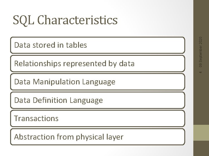 Data stored in tables 4 Relationships represented by data 09 September 2020 SQL Characteristics