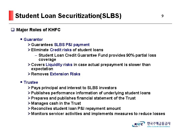 Student Loan Securitization(SLBS) 9 q Major Roles of KHFC § Guarantor Ø Guarantees SLBS