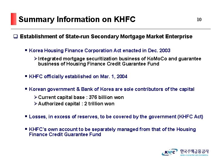 Summary Information on KHFC 10 q Establishment of State-run Secondary Mortgage Market Enterprise §