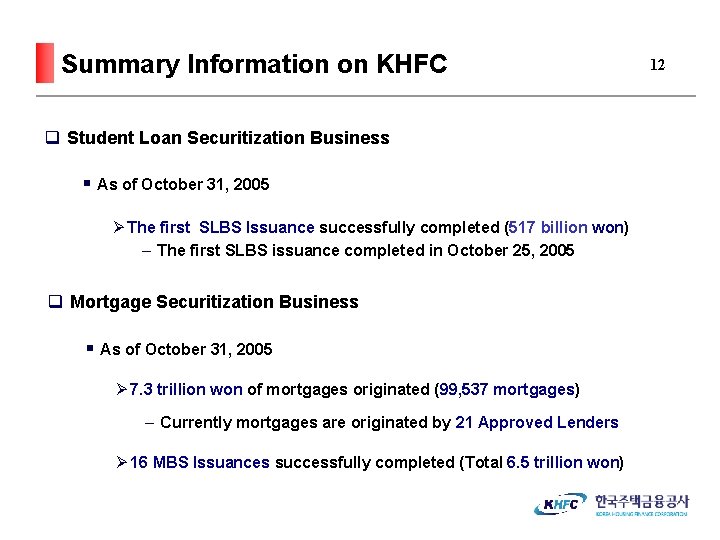 Summary Information on KHFC q Student Loan Securitization Business § As of October 31,