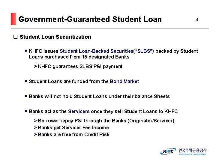 Government-Guaranteed Student Loan 4 q Student Loan Securitization § KHFC issues Student Loan-Backed Securities(“SLBS”)