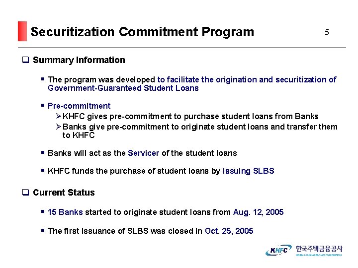 Securitization Commitment Program 5 q Summary Information § The program was developed to facilitate