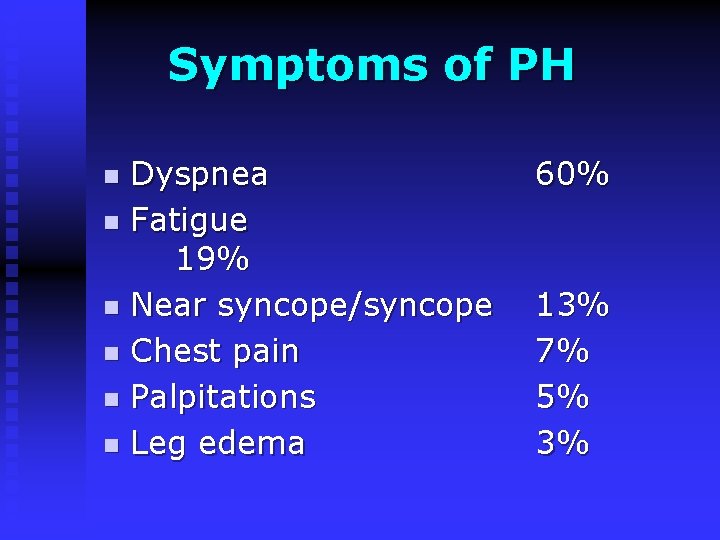 Symptoms of PH Dyspnea n Fatigue 19% n Near syncope/syncope n Chest pain n