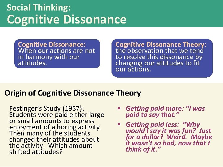 Social Thinking: Cognitive Dissonance: When our actions are not in harmony with our attitudes.