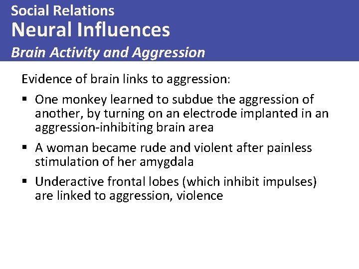 Social Relations Neural Influences Brain Activity and Aggression Evidence of brain links to aggression: