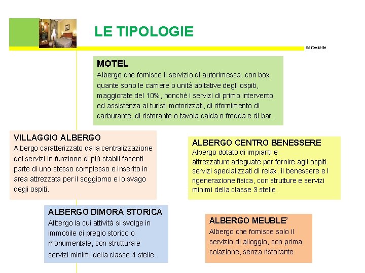 LE TIPOLOGIE Settestelle MOTEL Albergo che fornisce il servizio di autorimessa, con box quante