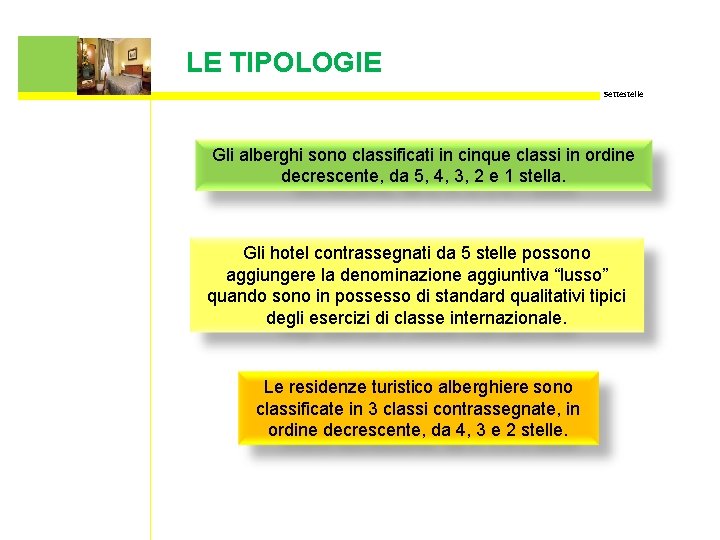 LE TIPOLOGIE Settestelle Gli alberghi sono classificati in cinque classi in ordine decrescente, da