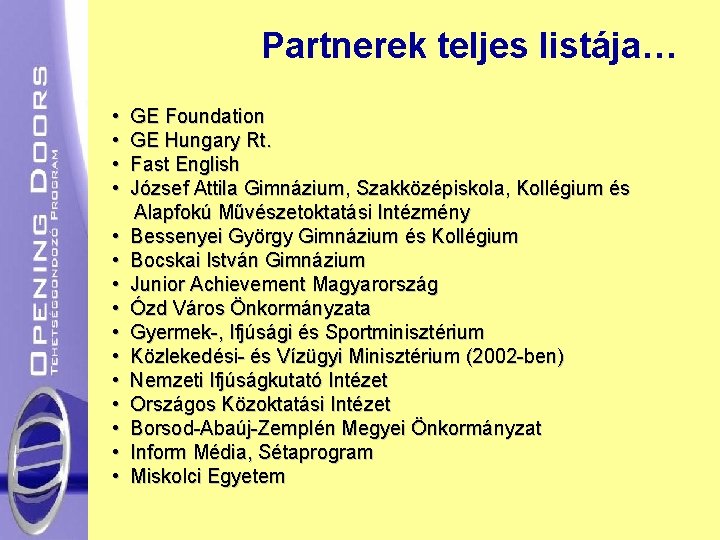 Partnerek teljes listája… • • • • GE Foundation GE Hungary Rt. Fast English