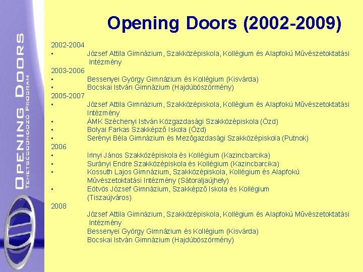 Opening Doors (2002 -2009) 2002 -2004 • József Attila Gimnázium, Szakközépiskola, Kollégium és Alapfokú