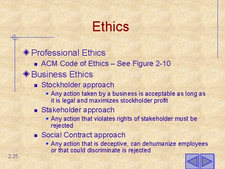 Ethics Professional Ethics n ACM Code of Ethics – See Figure 2 -10 Business