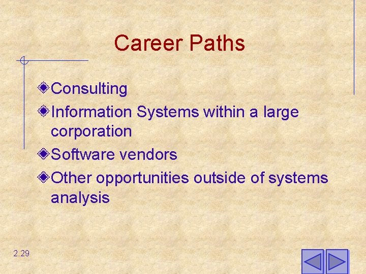 Career Paths Consulting Information Systems within a large corporation Software vendors Other opportunities outside