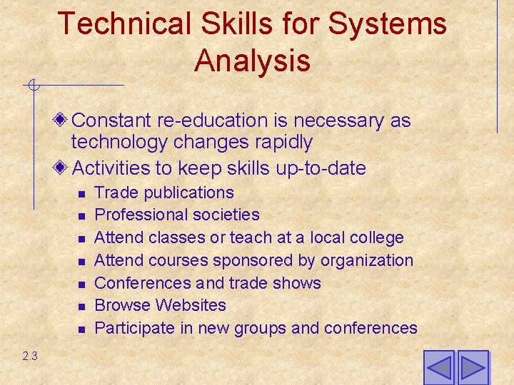 Technical Skills for Systems Analysis Constant re-education is necessary as technology changes rapidly Activities