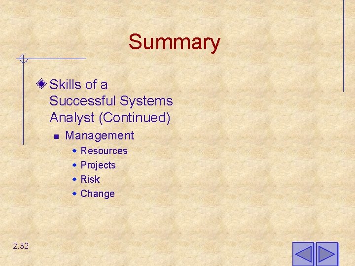 Summary Skills of a Successful Systems Analyst (Continued) n Management w w 2. 32