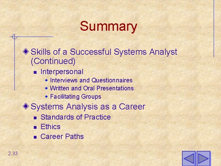 Summary Skills of a Successful Systems Analyst (Continued) n Interpersonal w Interviews and Questionnaires