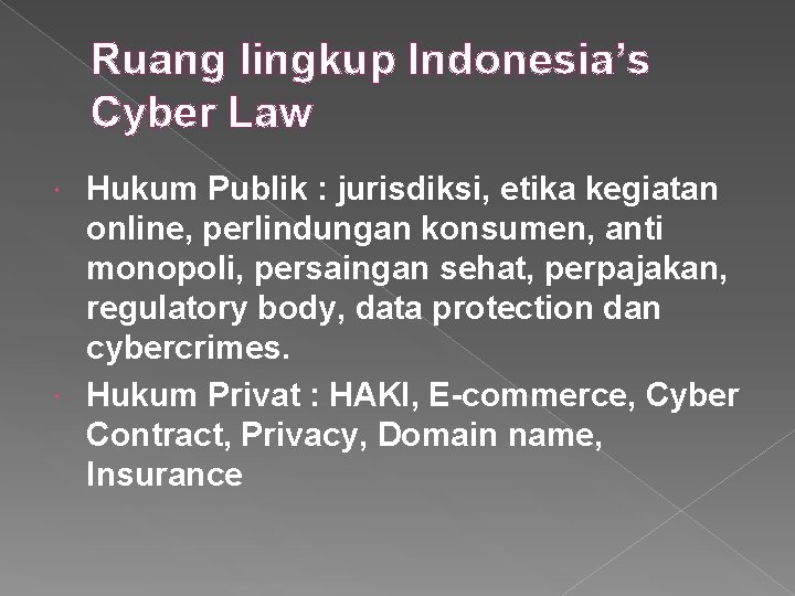 Ruang lingkup Indonesia’s Cyber Law Hukum Publik : jurisdiksi, etika kegiatan online, perlindungan konsumen,