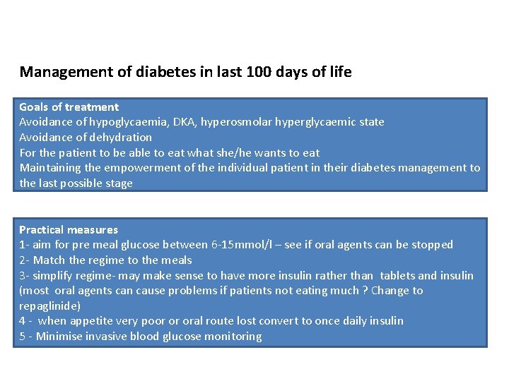 Management of diabetes in last 100 days of life Goals of treatment Avoidance of