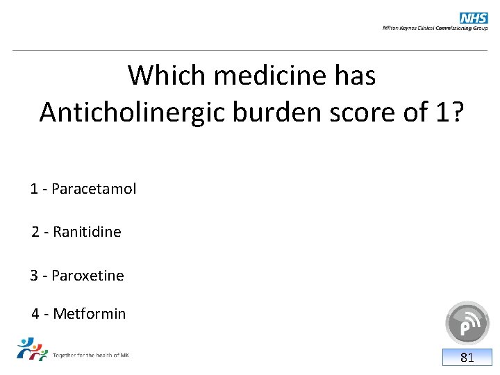 Which medicine has Anticholinergic burden score of 1? 1 - Paracetamol 2 - Ranitidine