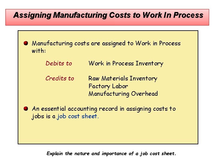 Assigning Manufacturing Costs to Work In Process Manufacturing costs are assigned to Work in