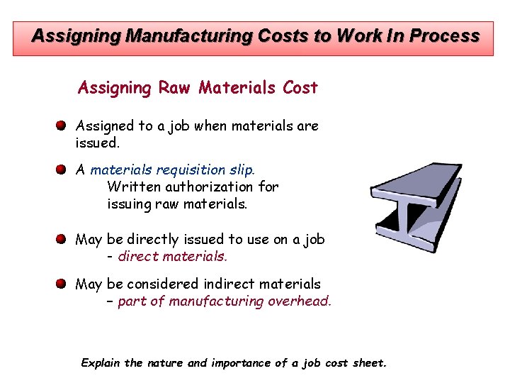 Assigning Manufacturing Costs to Work In Process Assigning Raw Materials Cost Assigned to a