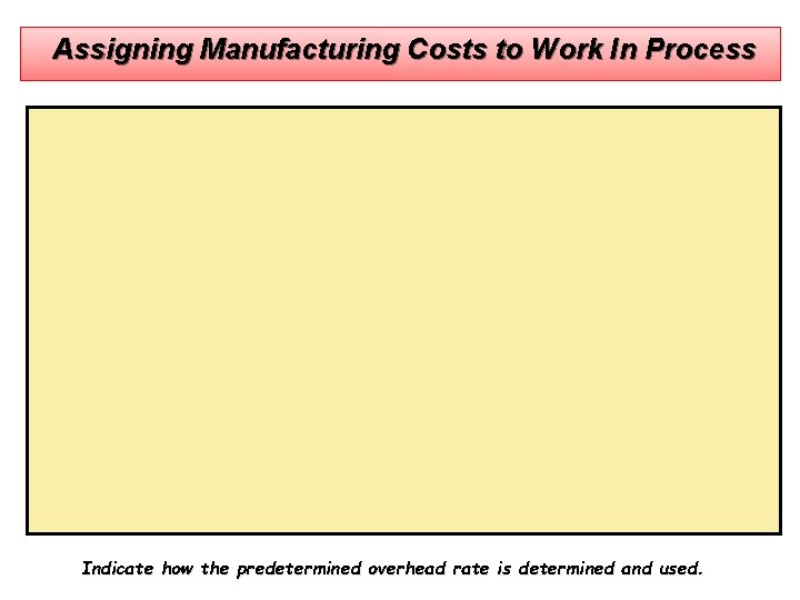 Assigning Manufacturing Costs to Work In Process Indicate how the predetermined overhead rate is