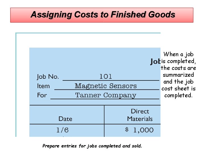 Assigning Costs to Finished Goods When a job is completed, the costs are summarized