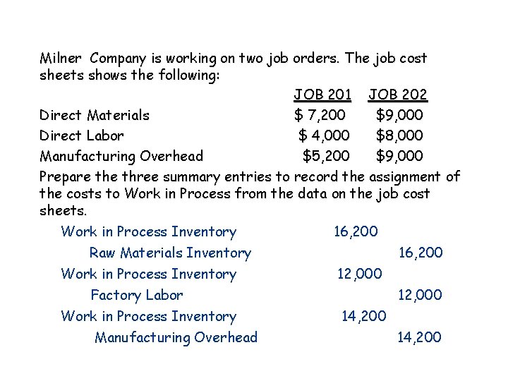 Milner Company is working on two job orders. The job cost sheets shows the