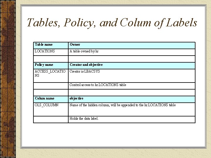 Tables, Policy, and Colum of Labels Table name Owner LOCATIONS A table owned by