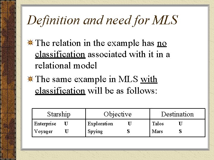 Definition and need for MLS The relation in the example has no classification associated