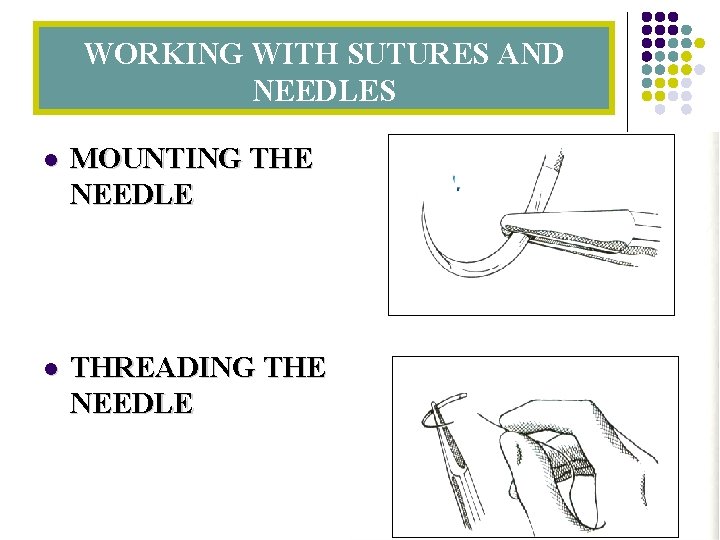 WORKING WITH SUTURES AND NEEDLES l MOUNTING THE NEEDLE l THREADING THE NEEDLE 
