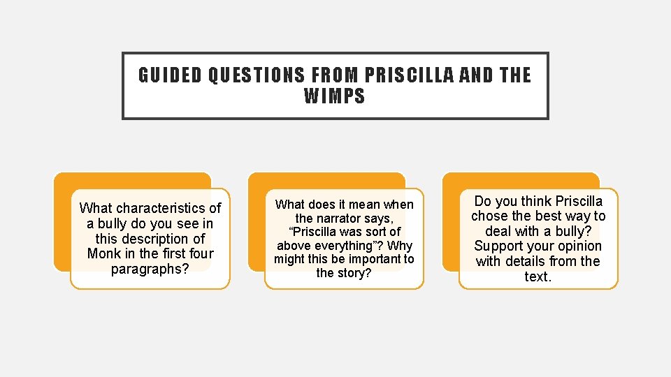 GUIDED QUESTIONS FROM PRISCILLA AND THE WIMPS What characteristics of a bully do you