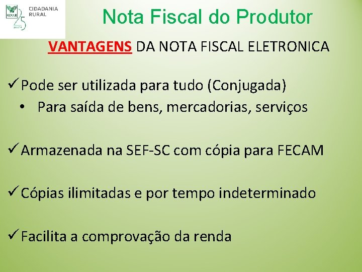 Nota Fiscal do Produtor VANTAGENS DA NOTA FISCAL ELETRONICA ü Pode ser utilizada para
