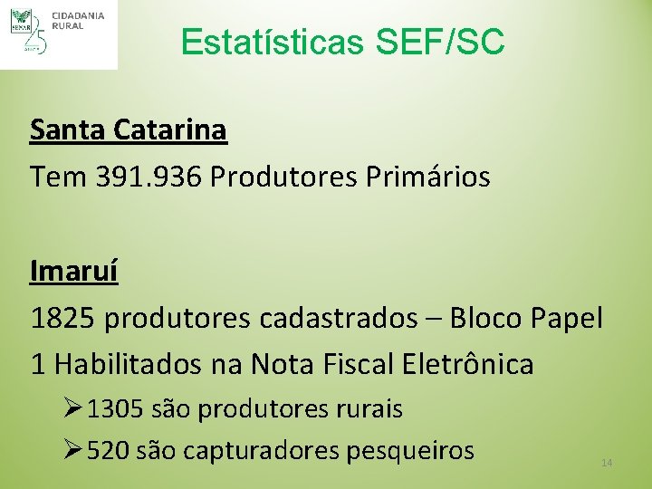 Estatísticas SEF/SC Santa Catarina Tem 391. 936 Produtores Primários Imaruí 1825 produtores cadastrados –