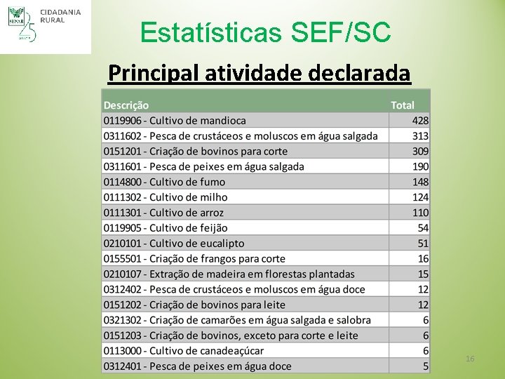 Estatísticas SEF/SC Principal atividade declarada 16 