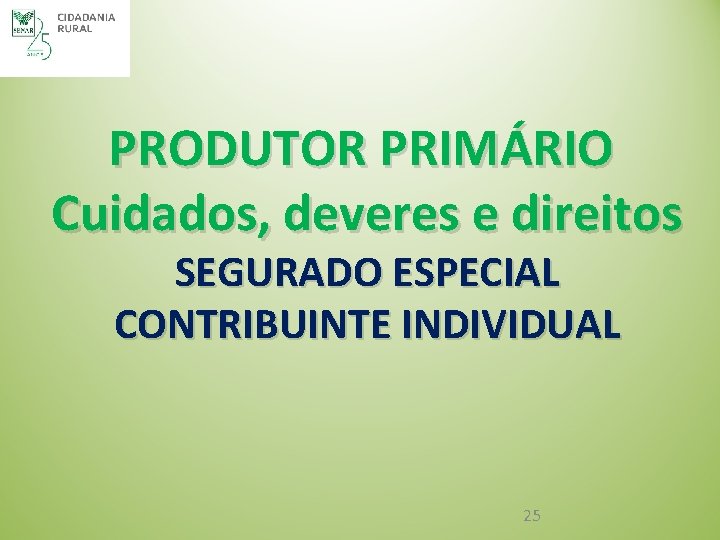 PRODUTOR PRIMÁRIO Cuidados, deveres e direitos SEGURADO ESPECIAL CONTRIBUINTE INDIVIDUAL 25 