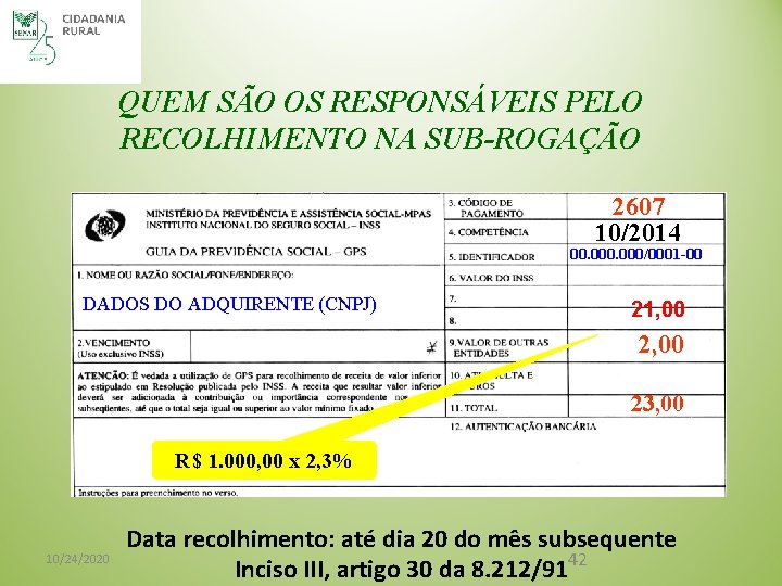 QUEM SÃO OS RESPONSÁVEIS PELO RECOLHIMENTO NA SUB-ROGAÇÃO 2607 10/2014 00. 000/0001 -00 DADOS