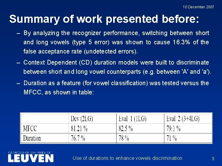 10 December 2007 Summary of work presented before: – By analyzing the recognizer performance,