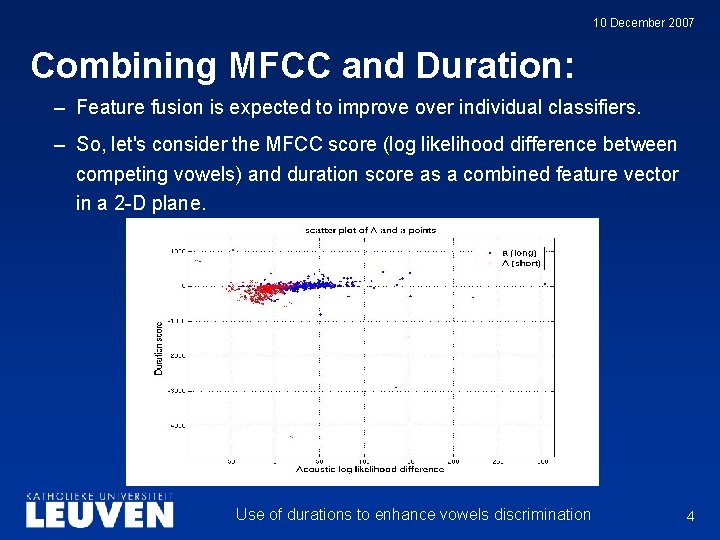 10 December 2007 Combining MFCC and Duration: – Feature fusion is expected to improve