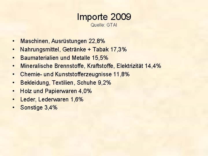 Importe 2009 Quelle: GTAI • • • Maschinen, Ausrüstungen 22, 8% Nahrungsmittel, Getränke +